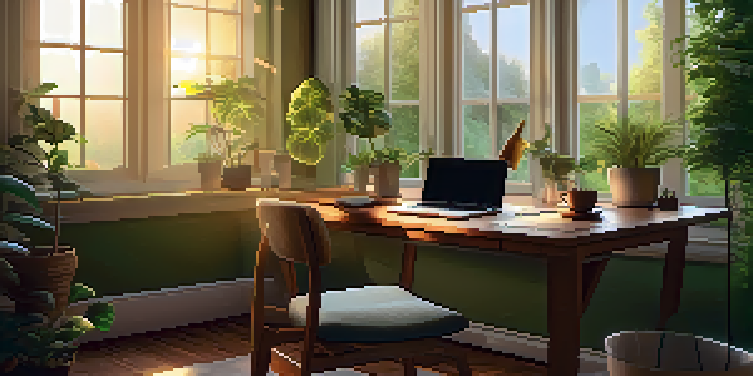 A warm and inviting home office with a wooden desk, laptop, plants, and coffee, overlooking a sunny garden.