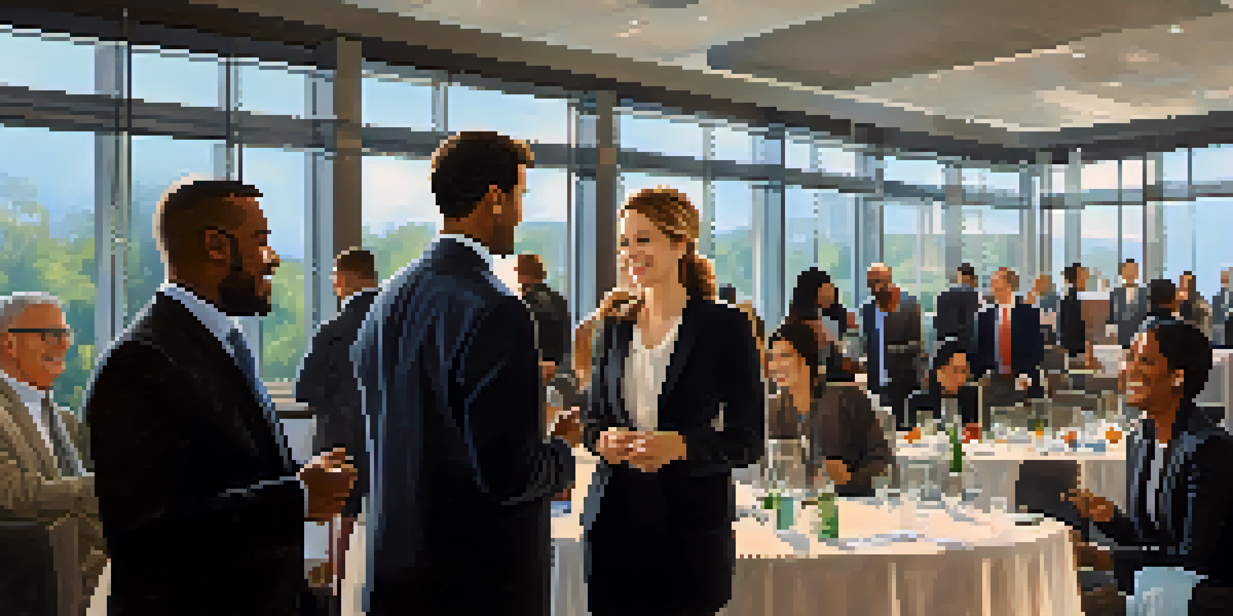 A diverse group of professionals networking in a modern conference hall, engaging in conversations and sharing ideas.