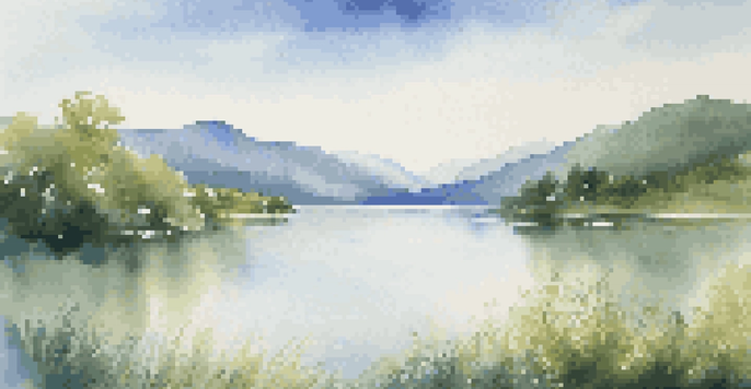 A peaceful lake surrounded by green trees and mountains, with sunlight reflecting on the water.