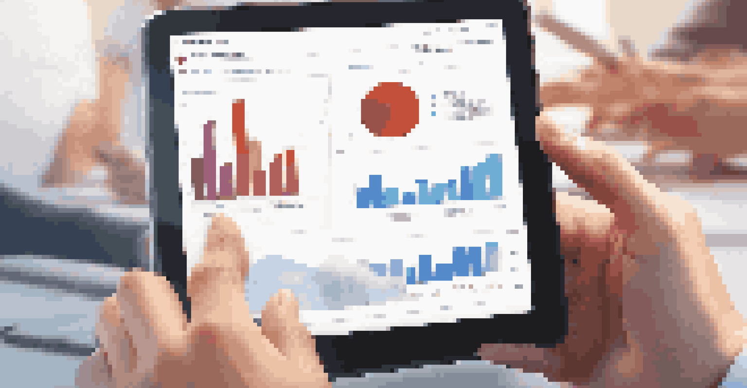 Close-up of hands holding a tablet with a graph, showing progress updates in a meeting background.