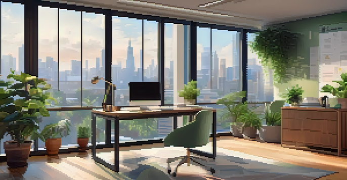 A bright and serene office space with a desk, laptop, plants, and motivational quotes, overlooking a city skyline.
