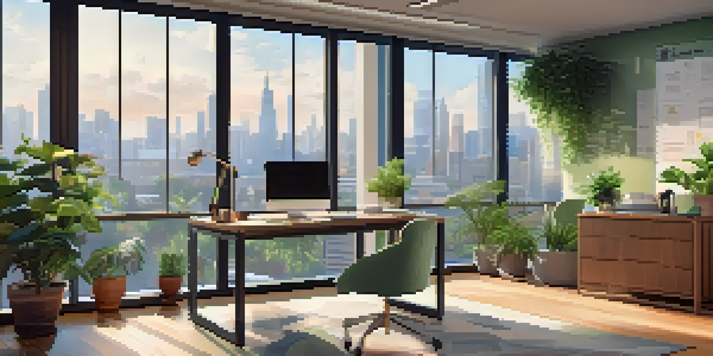 A bright and serene office space with a desk, laptop, plants, and motivational quotes, overlooking a city skyline.