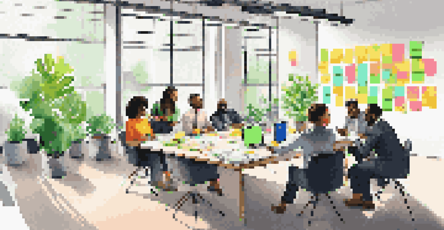 A group of diverse professionals brainstorming around a conference table with sticky notes and laptops.