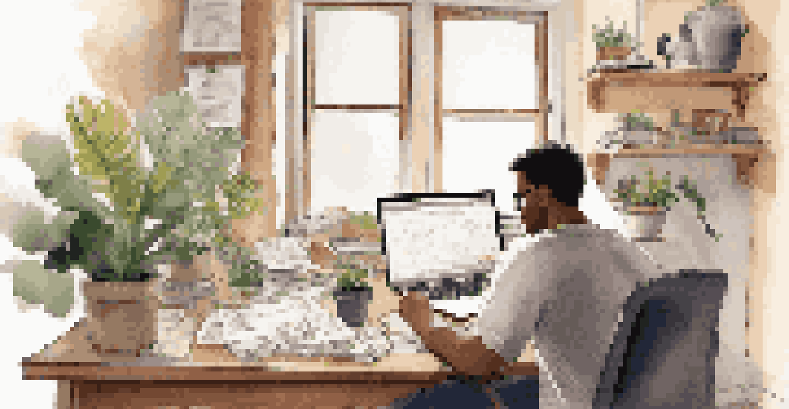 A person at a desk reflecting on feedback, surrounded by papers and a laptop, in a cozy room filled with plants and warm lighting.