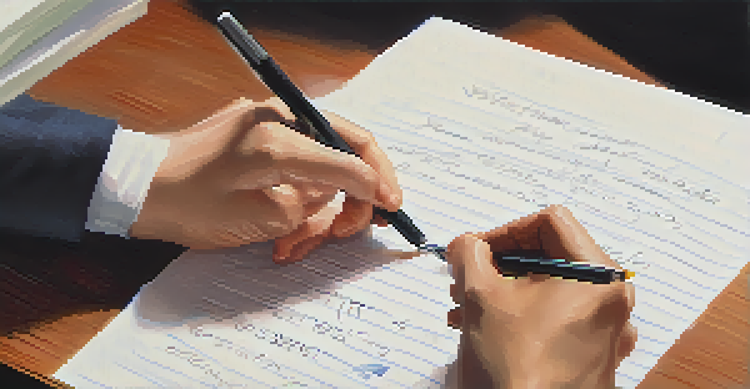 A close-up of two hands exchanging a notepad during a feedback session, with handwritten notes visible on the notepad.