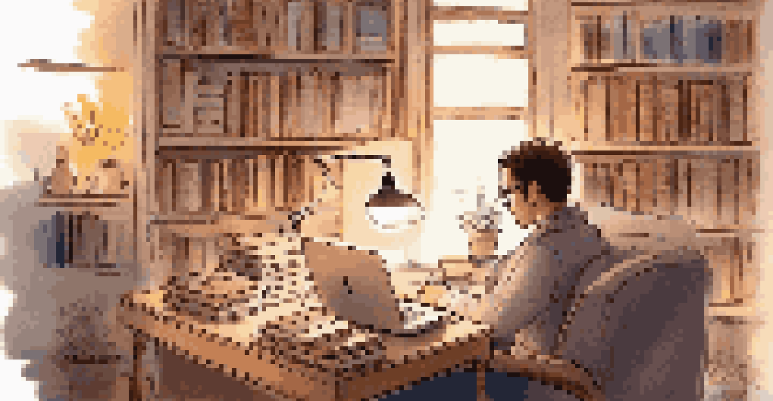 An individual studying in a cozy setting, focused on online learning with books and a warm ambiance, representing a commitment to personal growth.