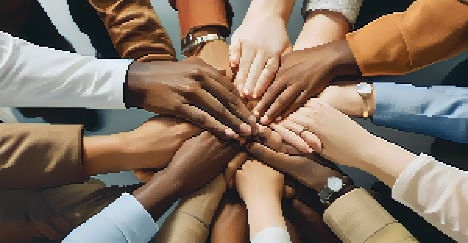 Close-up of diverse hands joined in a circle, symbolizing unity and support in an office environment.