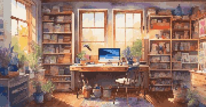 A colorful artist's workspace with paintbrushes, a palette, and a partially painted landscape canvas, warm lighting, and shelves of art supplies.