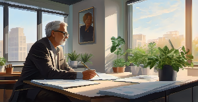 A mentor and mentee discussing career goals in a bright office setting with natural light and green plants.