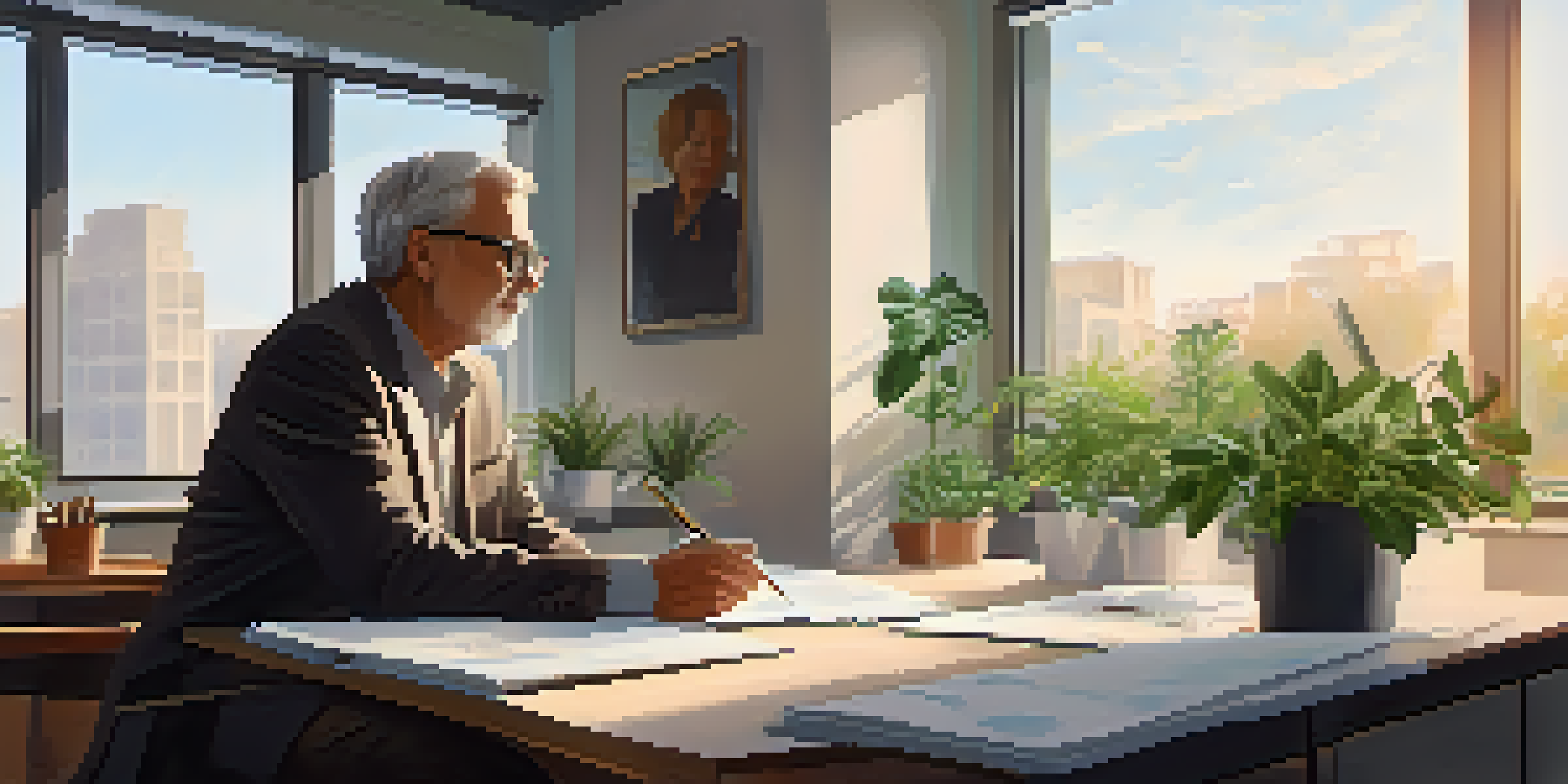 A mentor and mentee discussing career goals in a bright office setting with natural light and green plants.