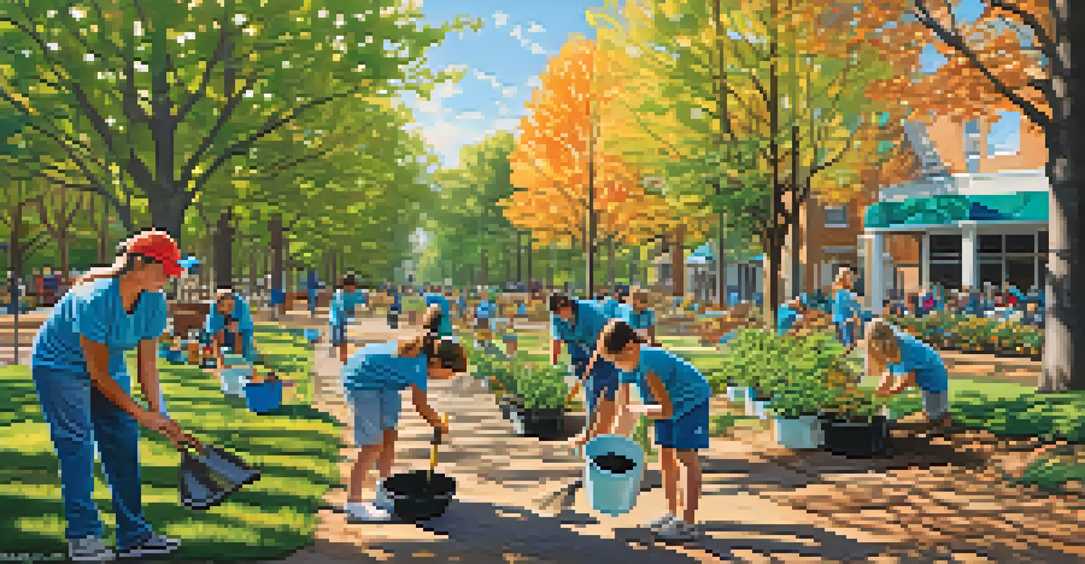 Volunteers of all ages participating in a clean-up event at a park, picking up litter and planting trees under sunlight.