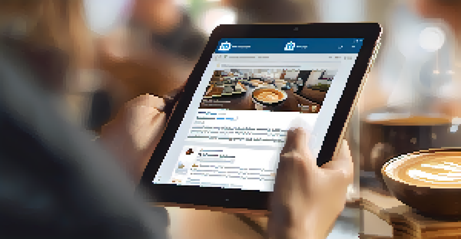 A close-up of a LinkedIn profile on a tablet being scrolled by a hand, set in a cozy café.