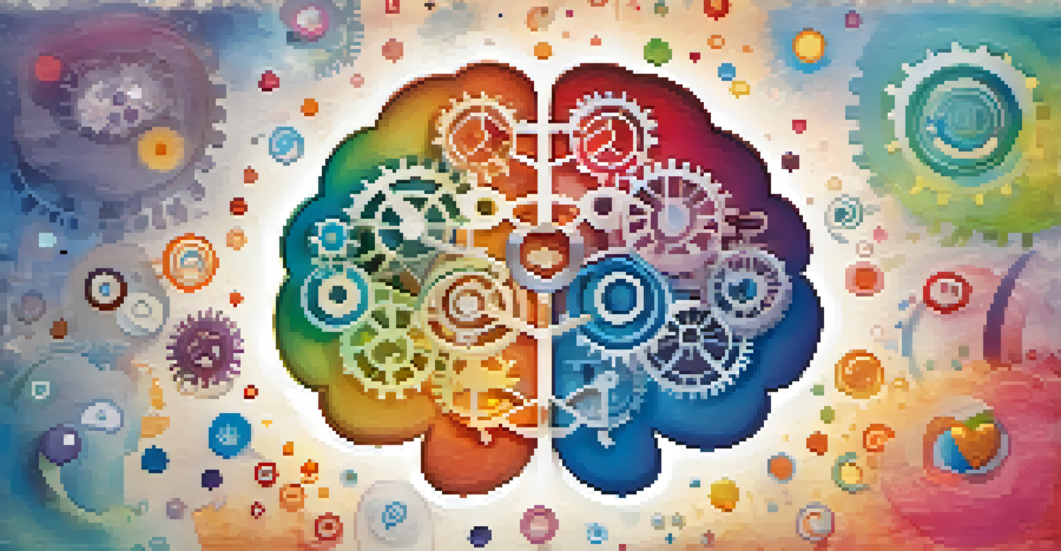 An abstract image of a brain made of colorful gears and emotional symbols against a soft gradient background.