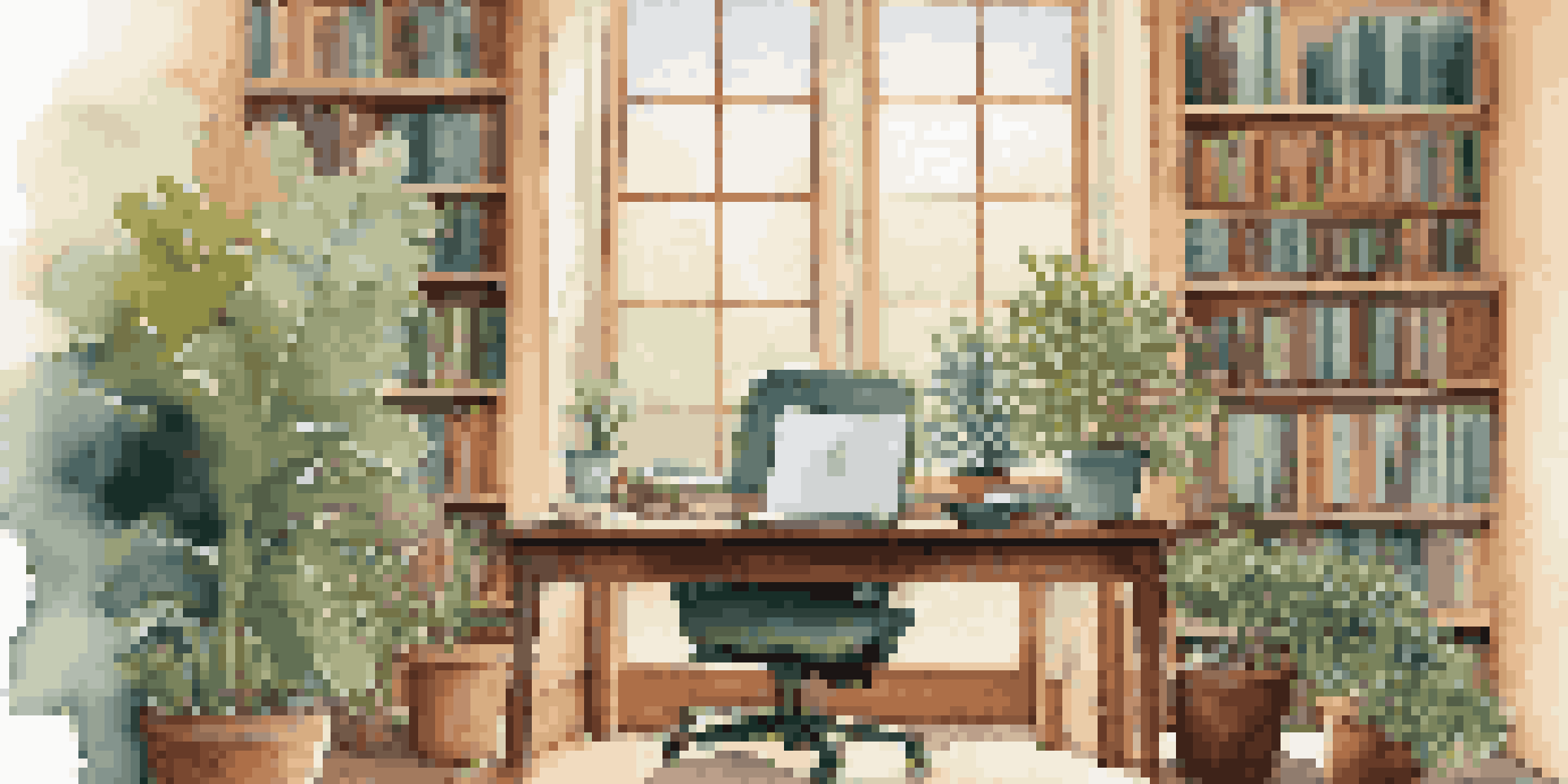 A person in a bright office looking out the window with a chameleon on a plant, symbolizing adaptability.