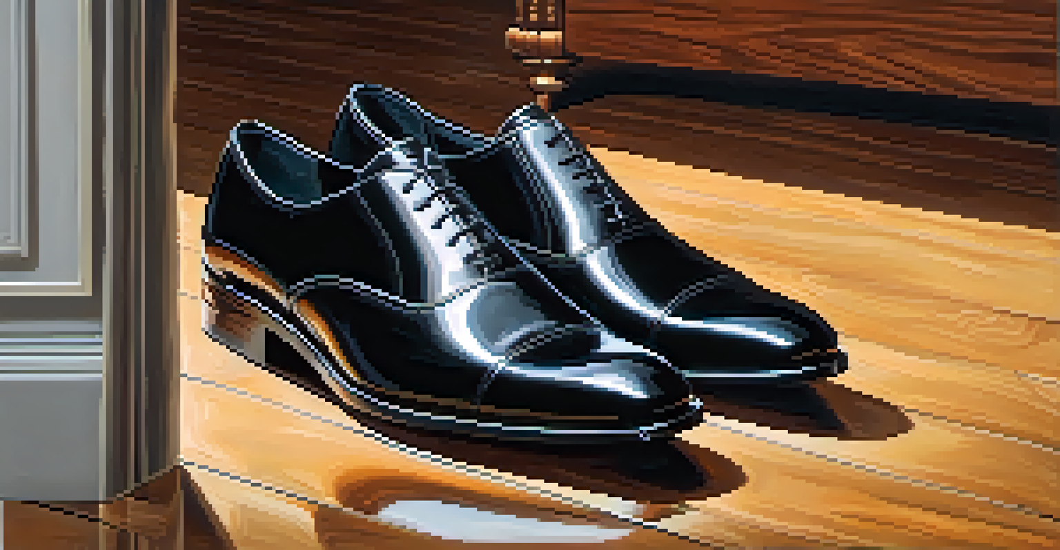 A close-up of polished black dress shoes on a wooden floor, with neatly folded trousers in the background.