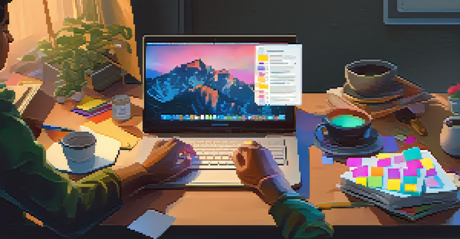 Close-up of a young person's hands typing on a laptop, surrounded by a notepad and sticky notes in a cozy workspace.