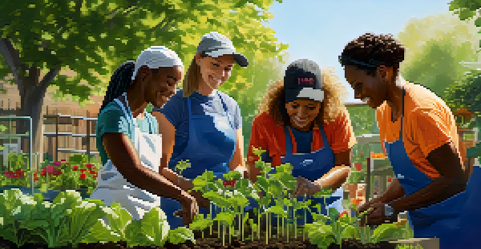 A group of people of different ethnicities collaborating in a community garden, planting flowers and vegetables under bright sunlight.