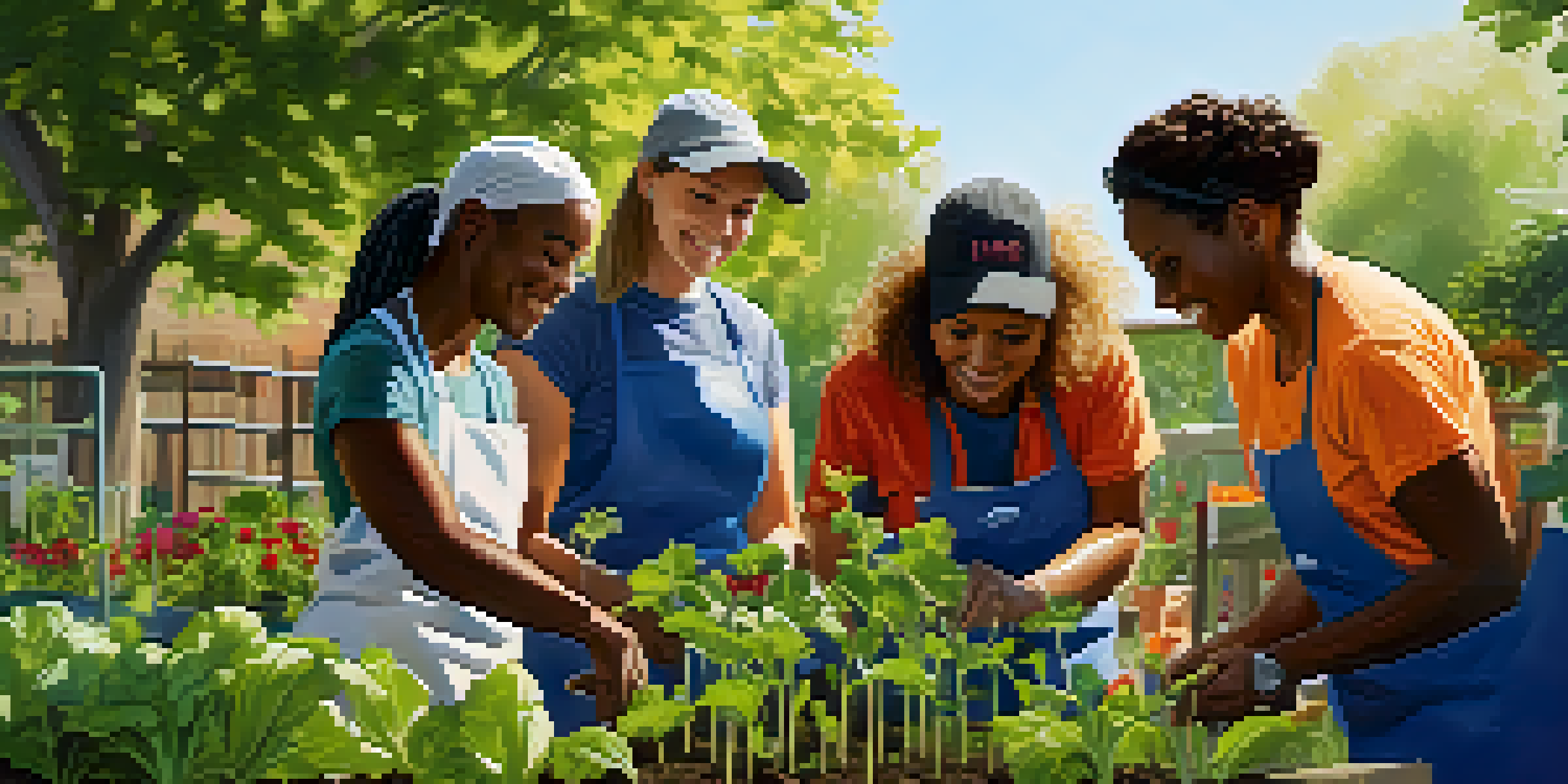 A group of people of different ethnicities collaborating in a community garden, planting flowers and vegetables under bright sunlight.