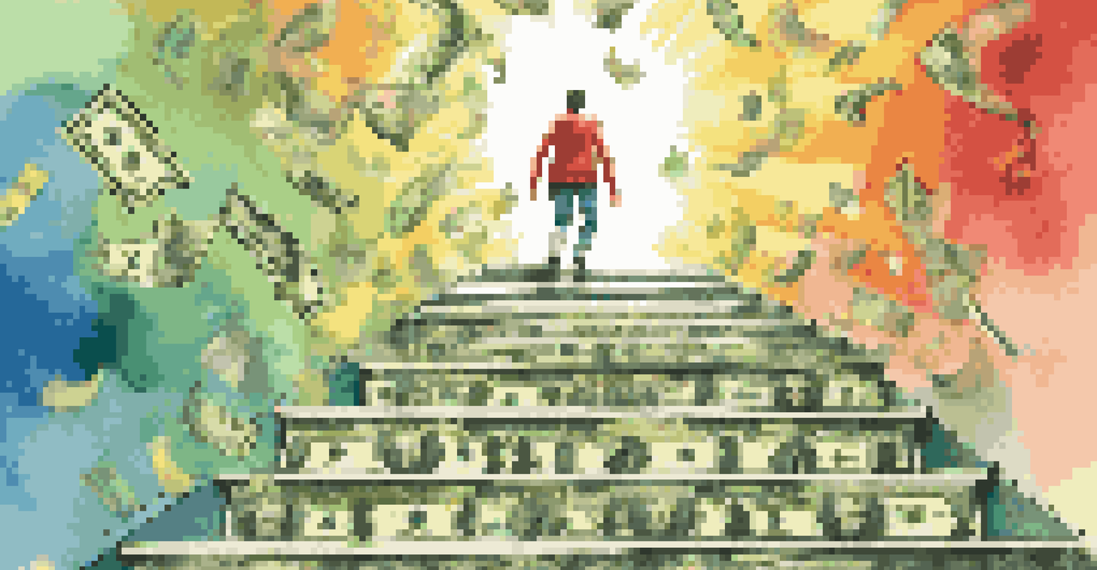 A person climbing a staircase of dollar bills towards bright light, symbolizing financial success.