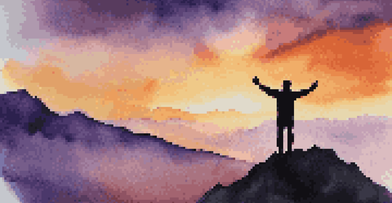 A silhouette of a person standing on a mountain peak at sunset, arms raised in victory against a colorful sky.