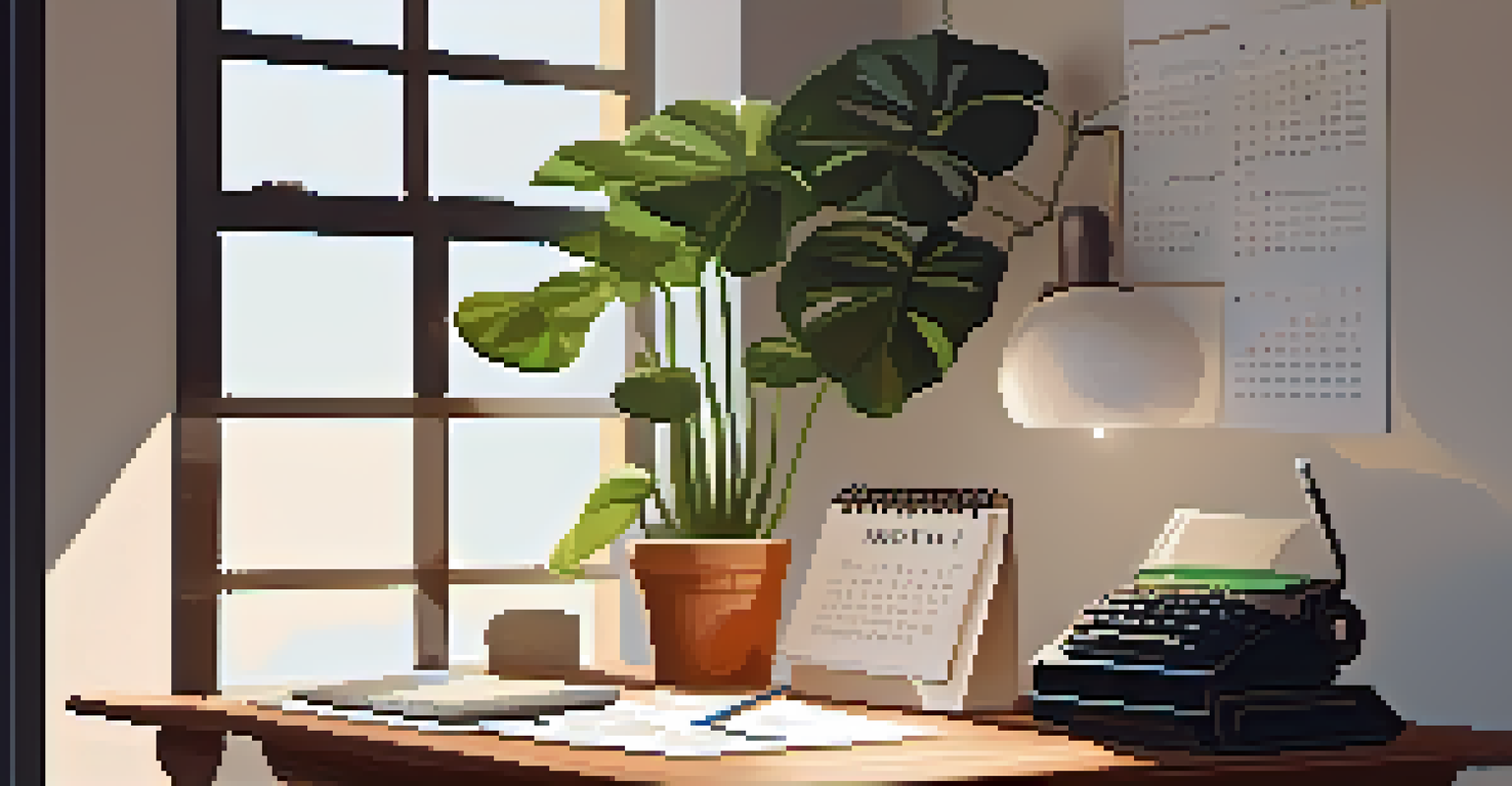 A calm and organized workspace with a wooden desk, laptop, stationery, and sunlight streaming through a window.