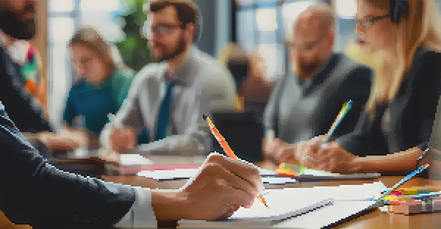 Close-up of hands taking notes while listening actively in a workplace.