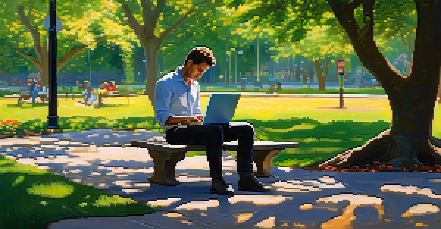 A person working on a laptop in a park, surrounded by trees and flowers, enjoying a coffee.