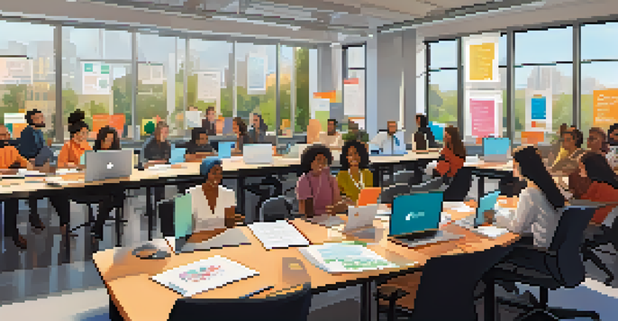 A diverse group of professionals participating in a workshop, with a facilitator presenting in a well-lit modern office.