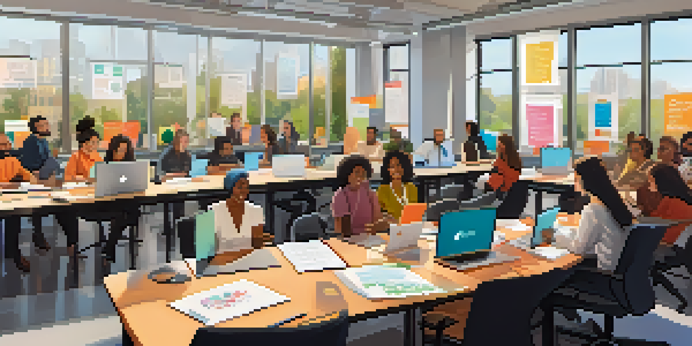 A diverse group of professionals participating in a workshop, with a facilitator presenting in a well-lit modern office.