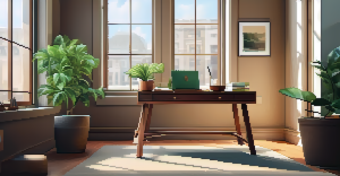 A bright office with a wooden desk, a potted plant, an open notebook, and sunlight streaming through a large window.