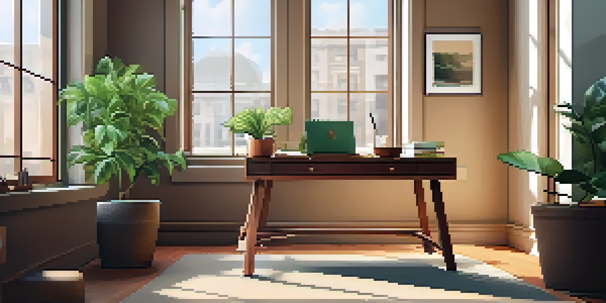 A bright office with a wooden desk, a potted plant, an open notebook, and sunlight streaming through a large window.