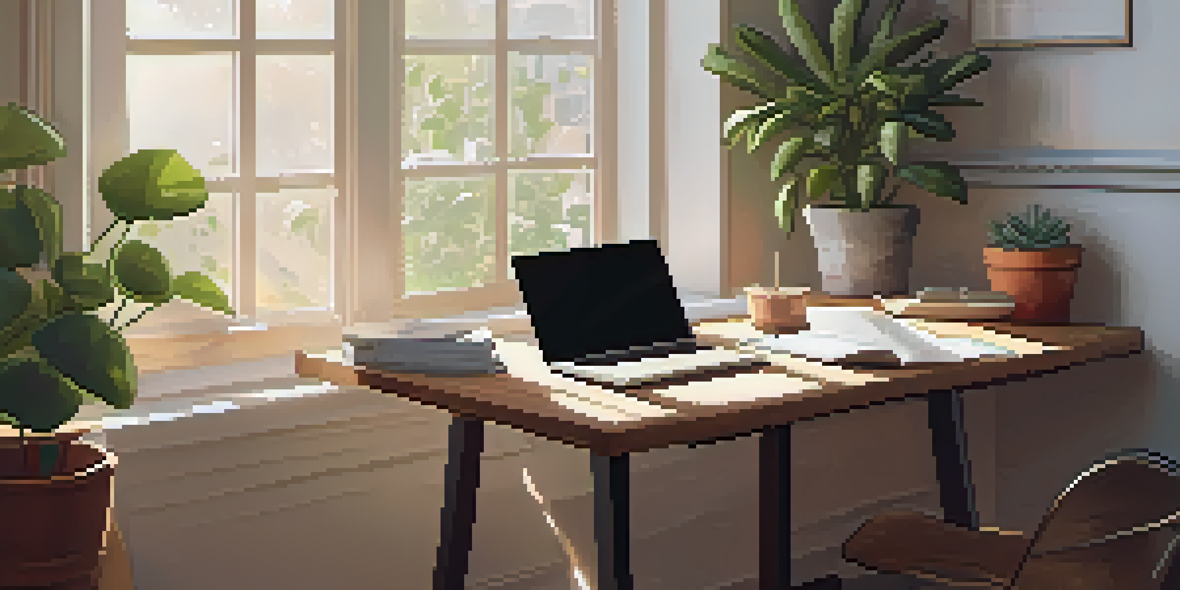 A peaceful workspace with a wooden desk, laptop, coffee cup, notepad, and a potted plant, illuminated by soft morning light.