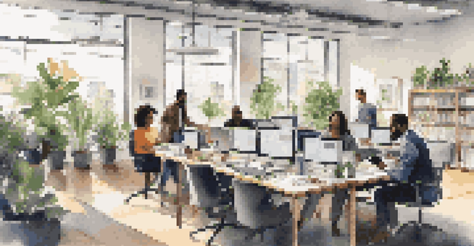 A group of diverse professionals collaborating in a bright office environment with laptops and documents on a large table.