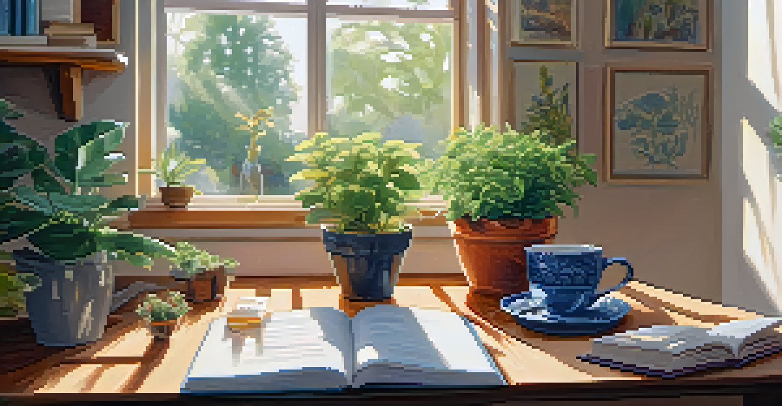 A person enjoying self-care in a bright home office, surrounded by plants and natural light.
