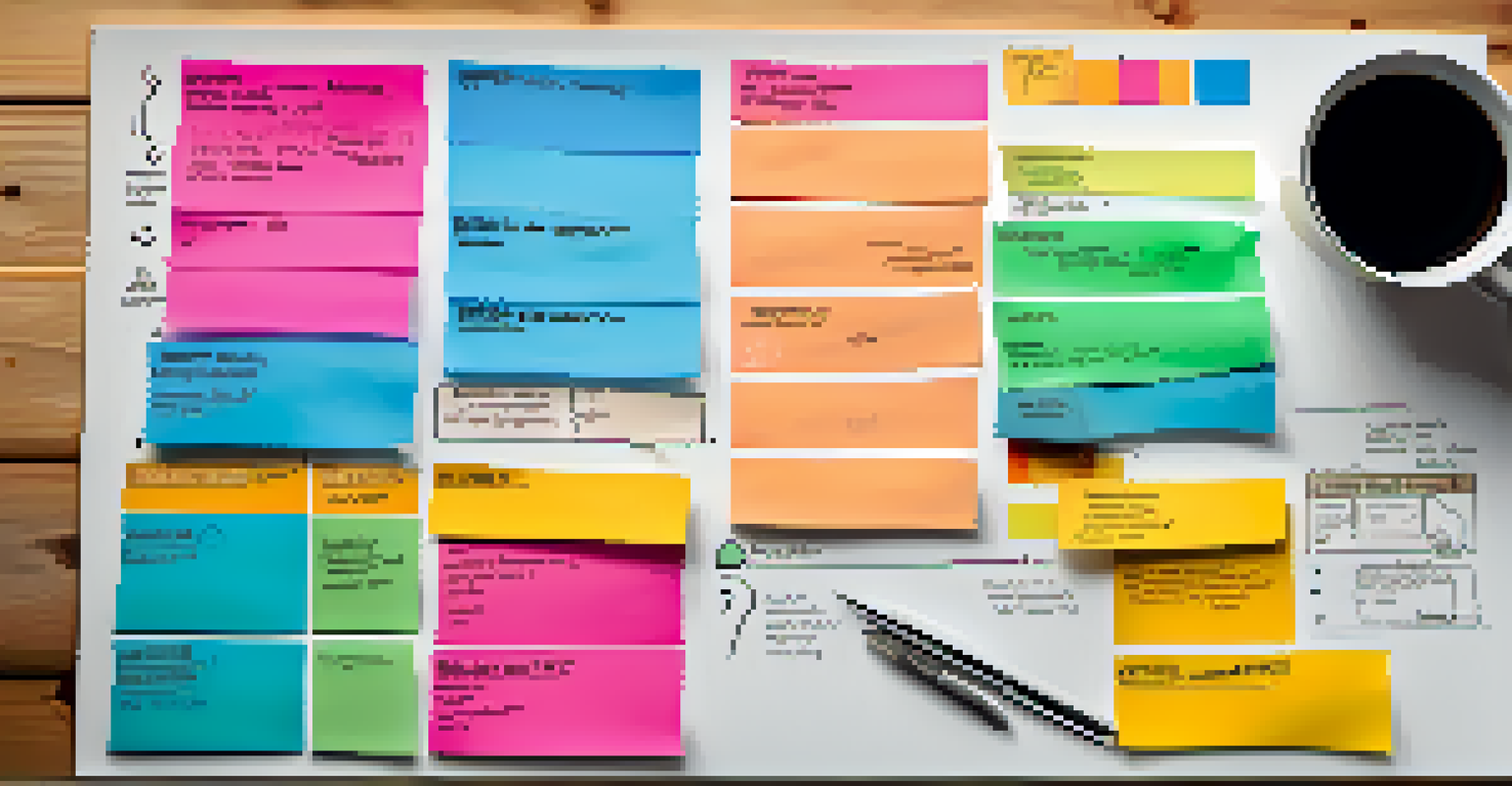 An overhead view of a business model canvas with colorful sticky notes and diagrams, accompanied by a pen and coffee cup.