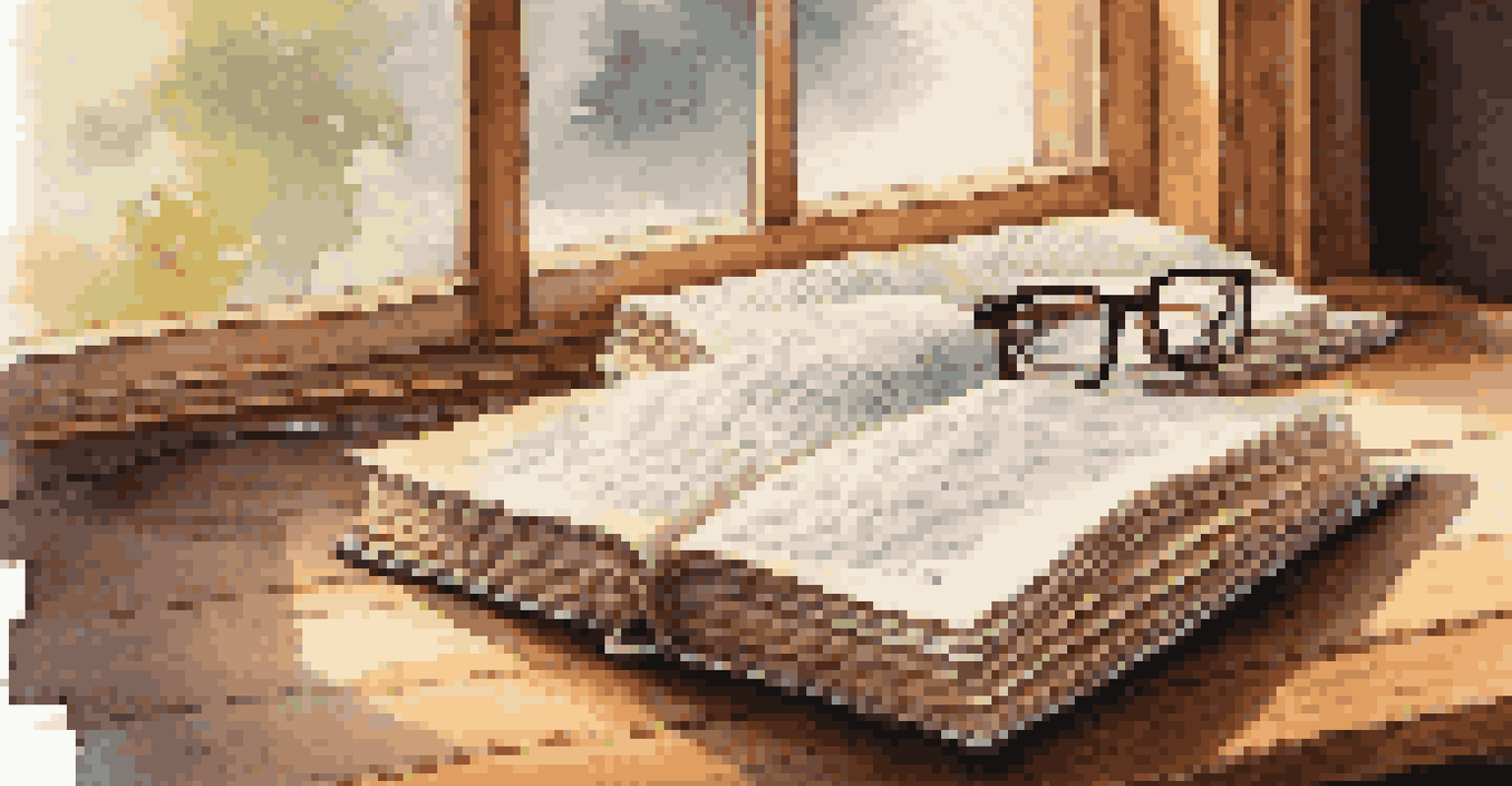 An open book with highlighted text next to glasses and a notepad, illuminated by natural light on a wooden table.