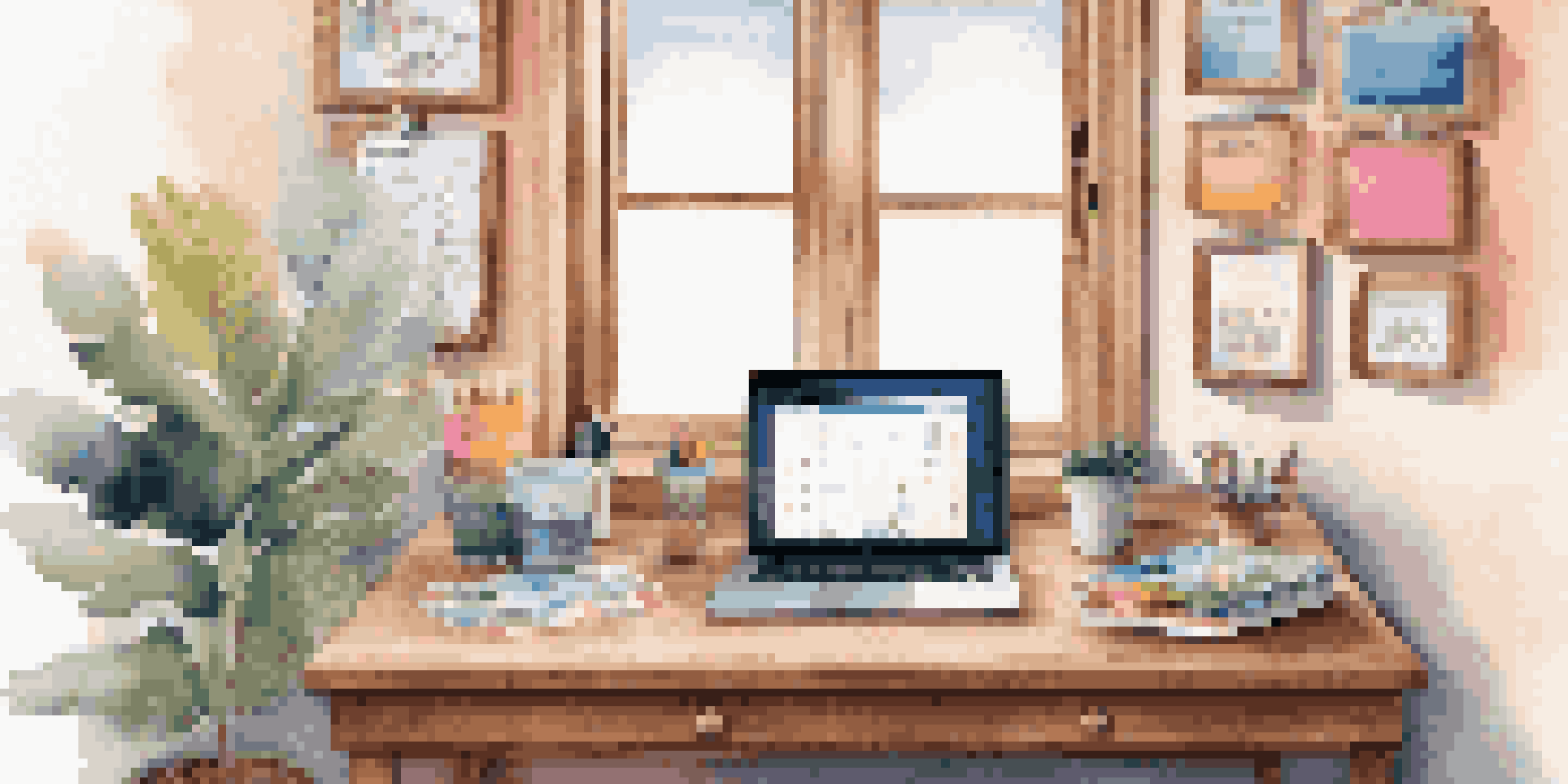 A well-organized workspace showcasing a laptop, stationery, and a vision board filled with inspiring quotes and images under soft natural lighting.