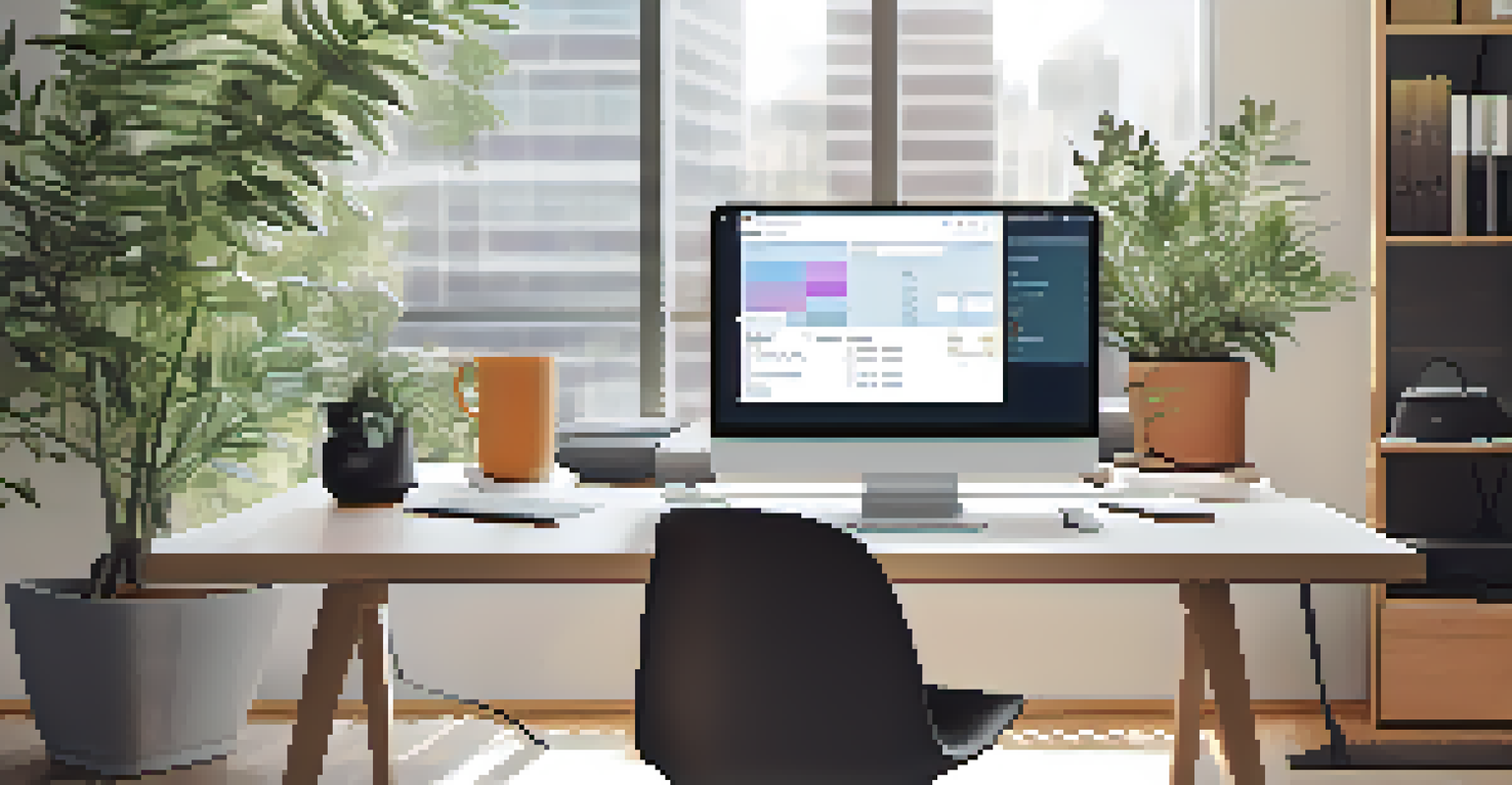 A laptop displaying a project management tool, with a modern office background including coffee and plants.
