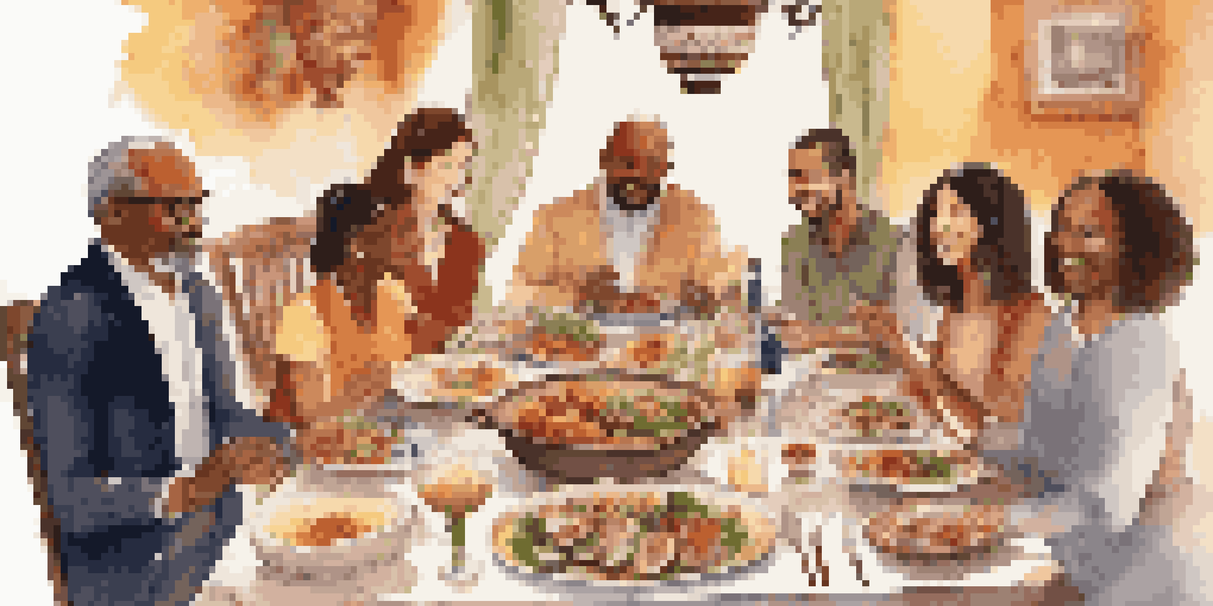A colorful dinner party with people from different cultures sharing traditional dishes on a decorated table.