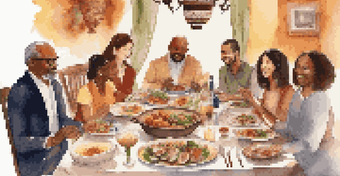 A colorful dinner party with people from different cultures sharing traditional dishes on a decorated table.