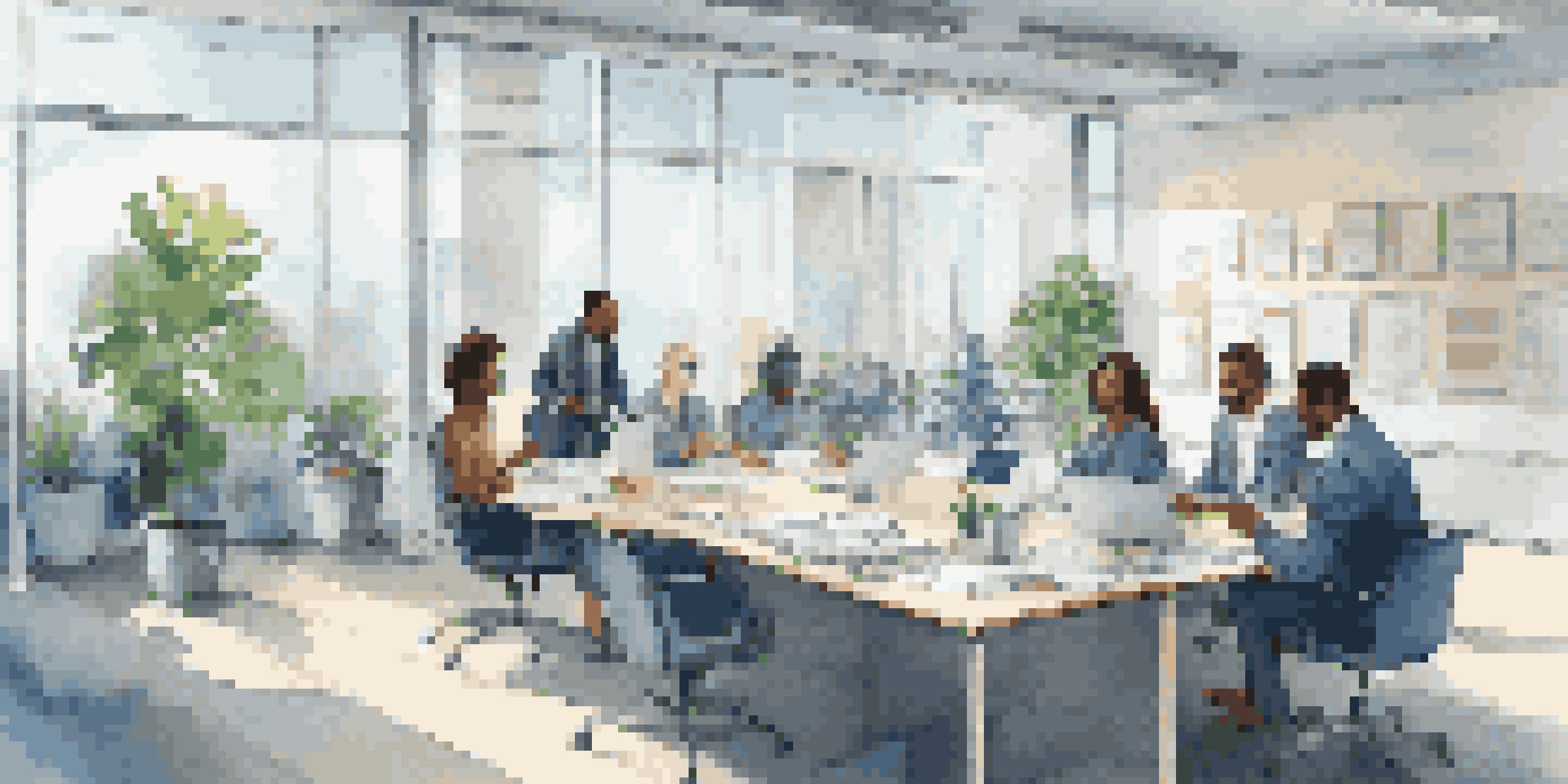A diverse group of professionals in a meeting discussing job descriptions in a modern office setting.
