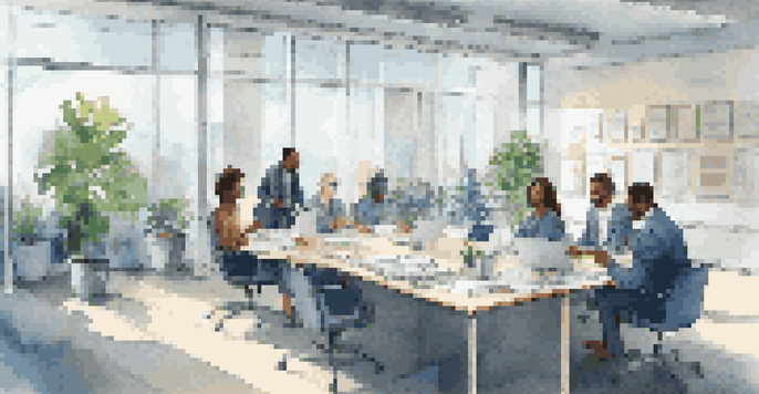 A diverse group of professionals in a meeting discussing job descriptions in a modern office setting.