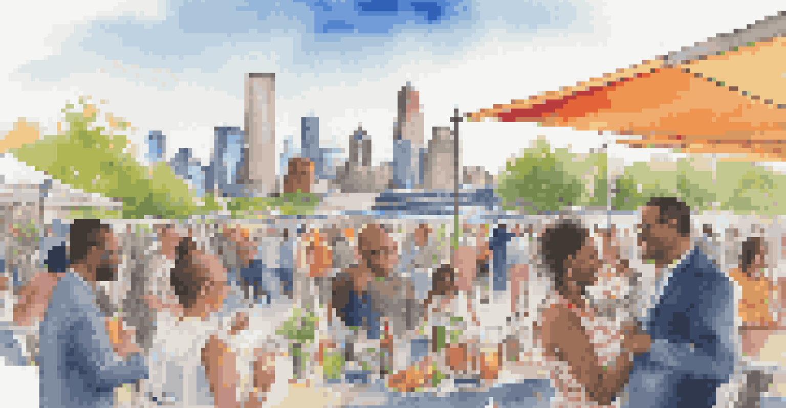 Professionals networking outdoors at an event with colorful banners and a city skyline.
