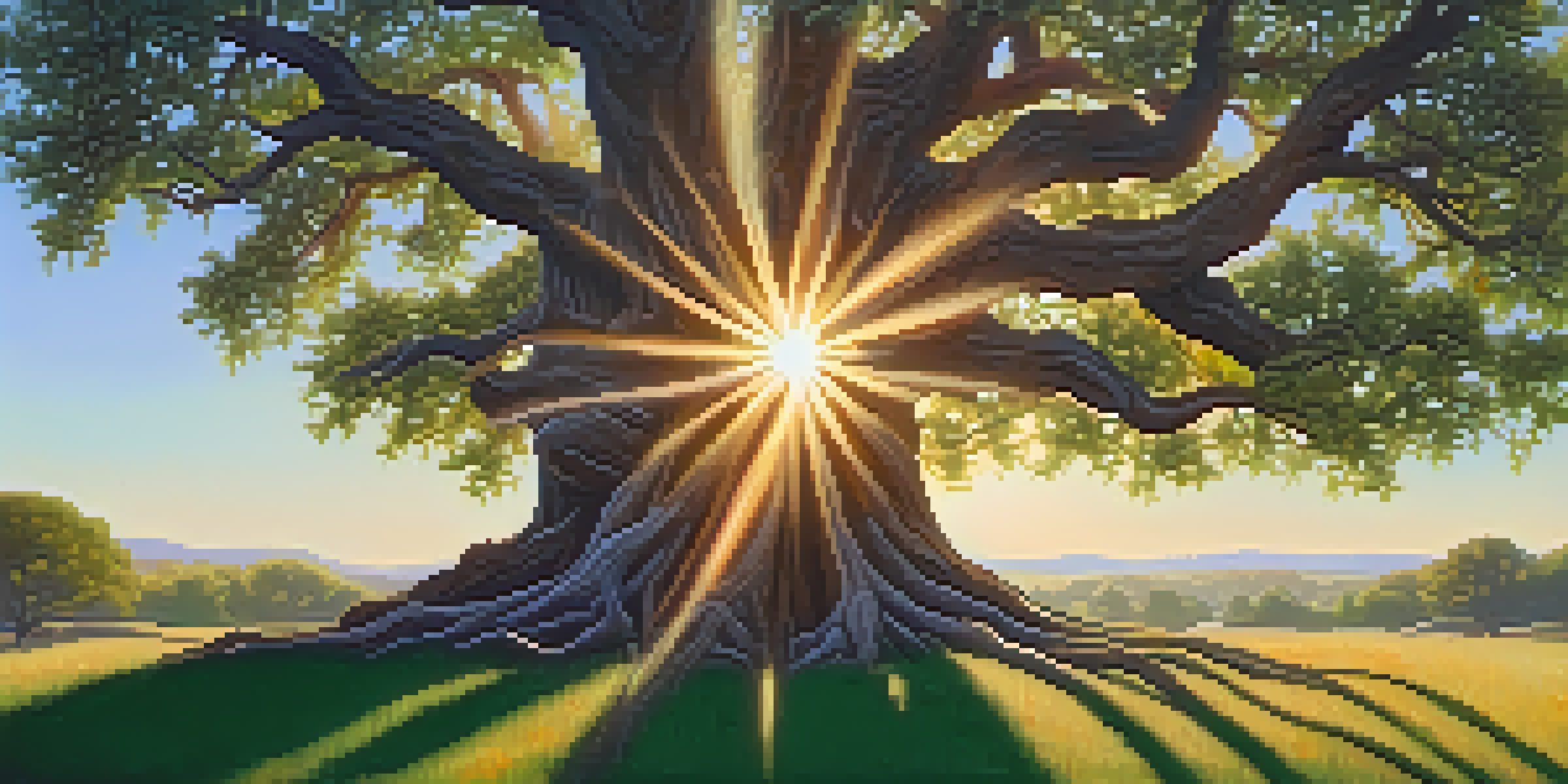A large tree with expansive roots in a serene landscape during sunset, surrounded by green grass and colorful wildflowers.