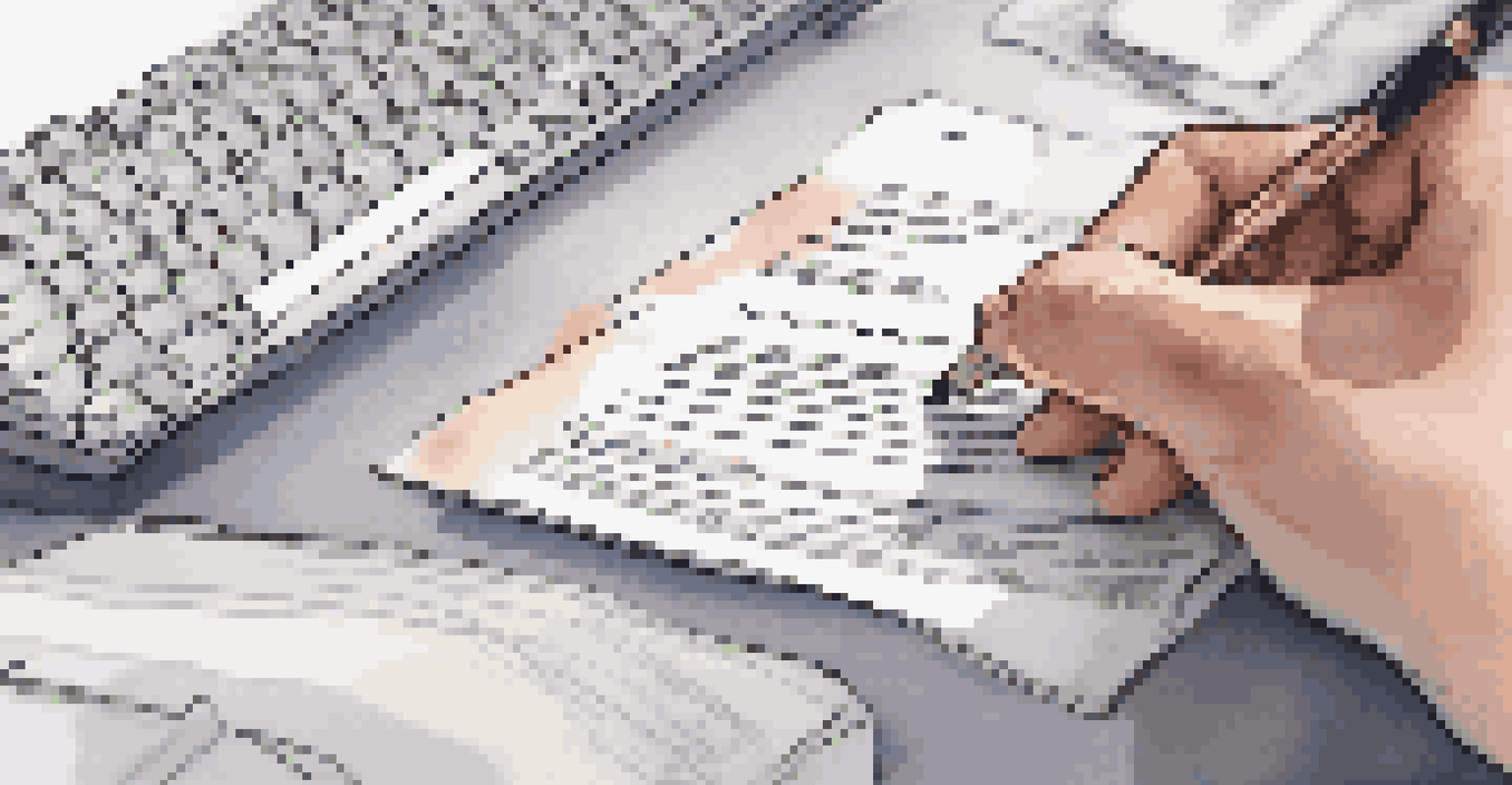 A close-up of a hand typing on a keyboard with a printed job description and a highlighted resume on the desk.