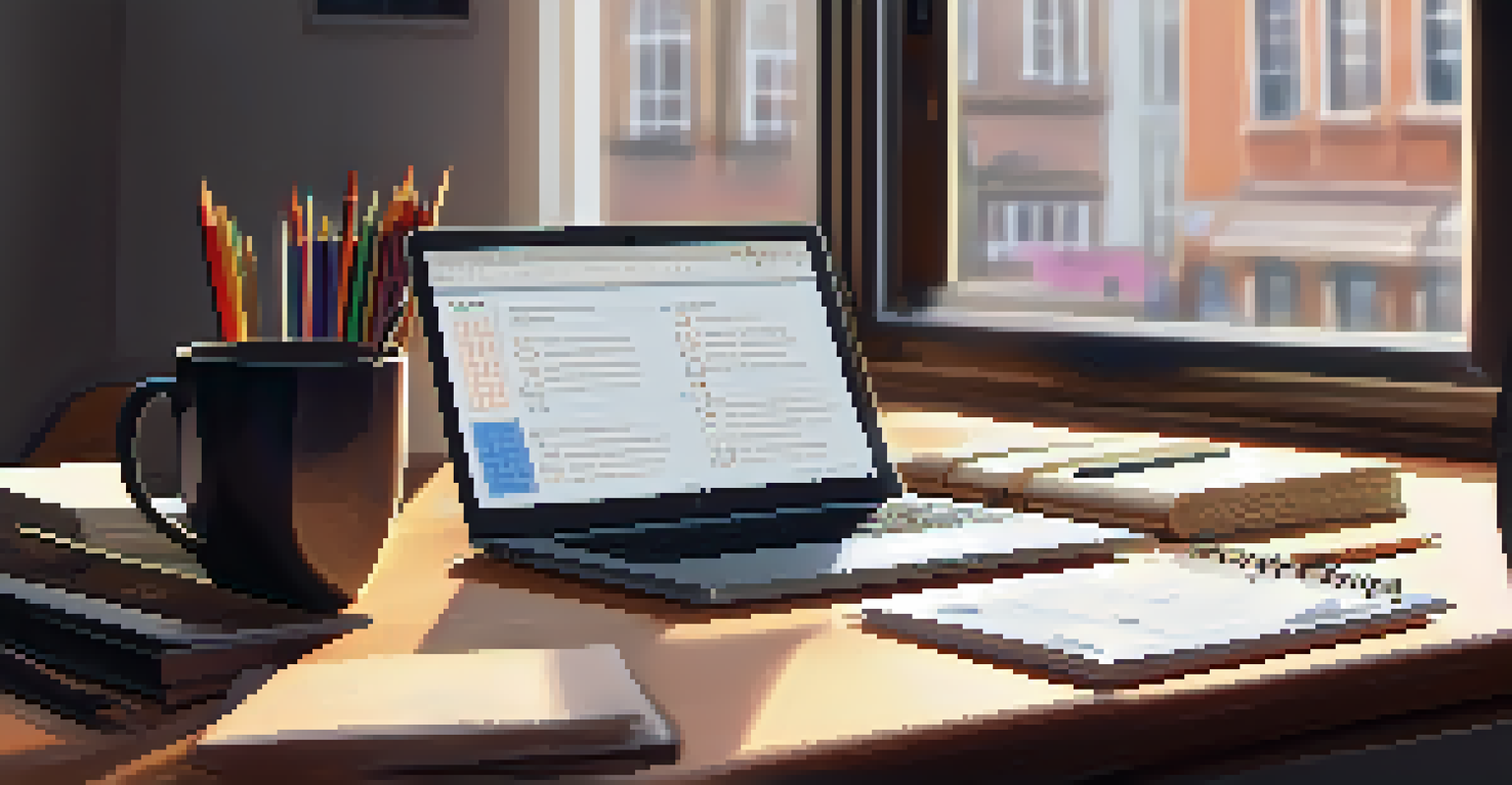 An open laptop on a desk with a notepad listing transferable skills, surrounded by stationery and a cup of coffee.
