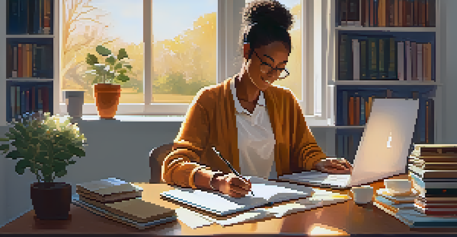 A cozy workspace with a person studying online, surrounded by books and warm lighting, representing lifelong learning.