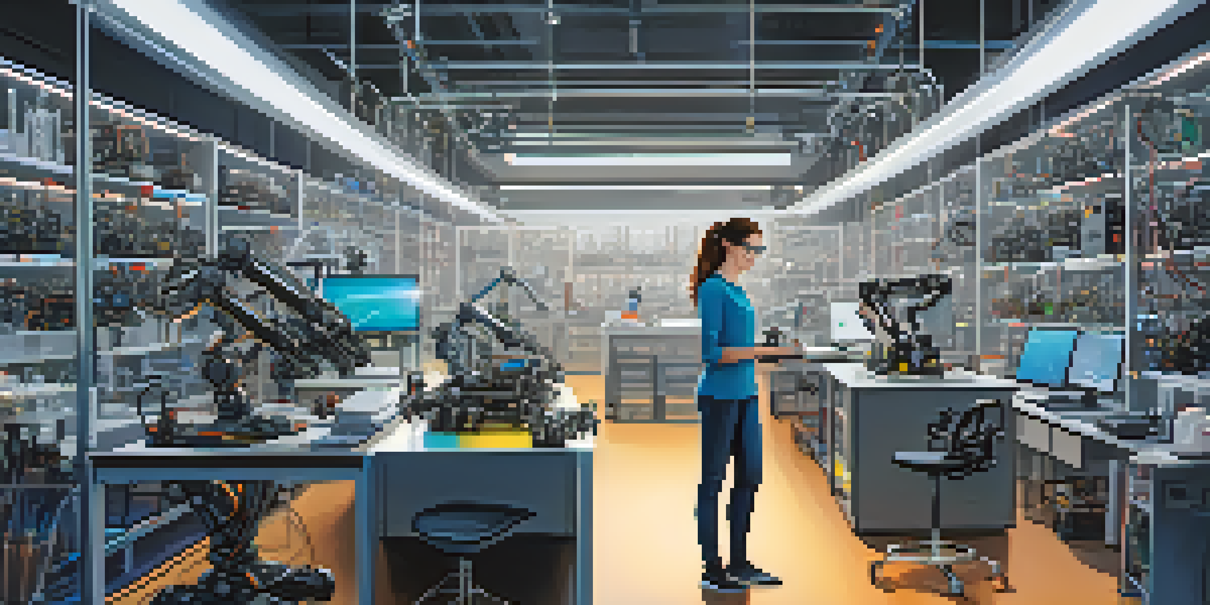 A young woman engineer assembling a robotic arm in a well-lit modern laboratory filled with robotic parts and screens.