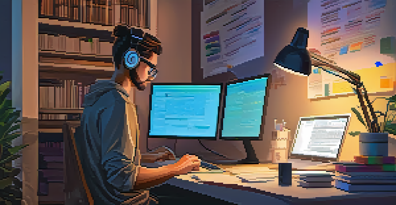 An individual coding at home with books on programming, notes, and a monitor displaying colorful code in a cozy atmosphere.