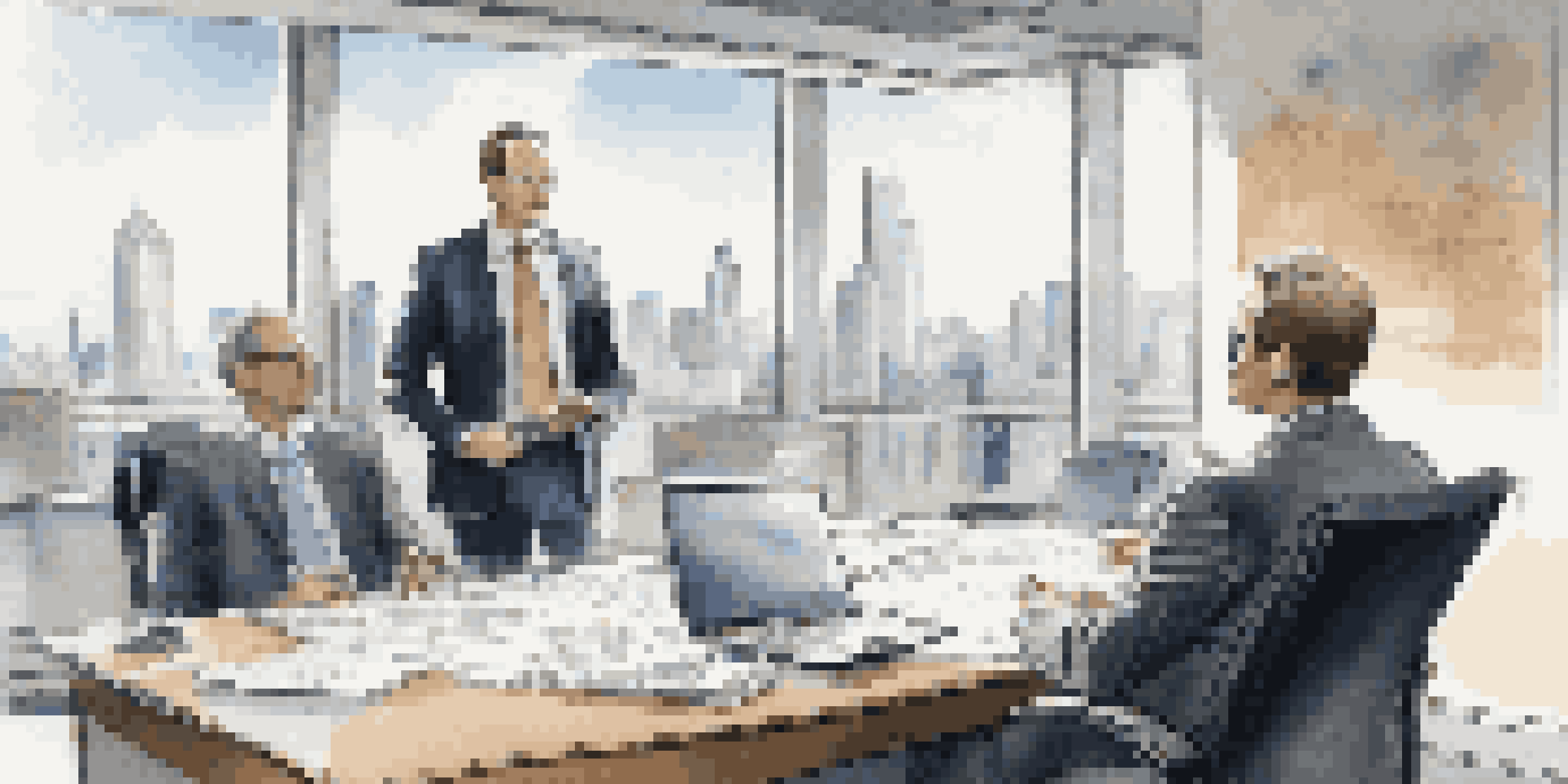 A person negotiating at a conference table in a professional office with city skyline visible through large windows.